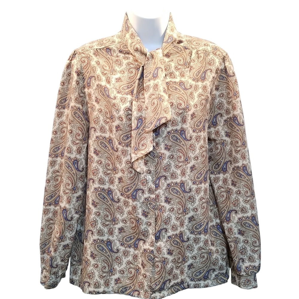 Career Blouse Vintage 70s Brown Paisley Tie Bow Long Sleeve Button Up